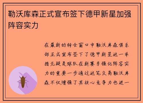 勒沃库森正式宣布签下德甲新星加强阵容实力 勒沃库森正式宣布签下德甲新星加强阵容实力